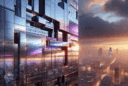 Hyperrealistic futuristic titanium-clad building facade at sunset with iridescent silver, violet, and blue reflections, ultra-real lighting.