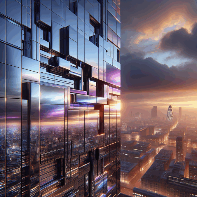 Hyperrealistic futuristic titanium-clad building facade at sunset with iridescent silver, violet, and blue reflections, ultra-real lighting.