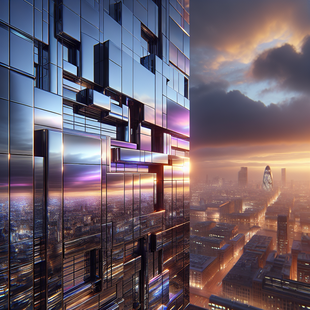 Hyperrealistic futuristic titanium-clad building facade at sunset with iridescent silver, violet, and blue reflections, ultra-real lighting.