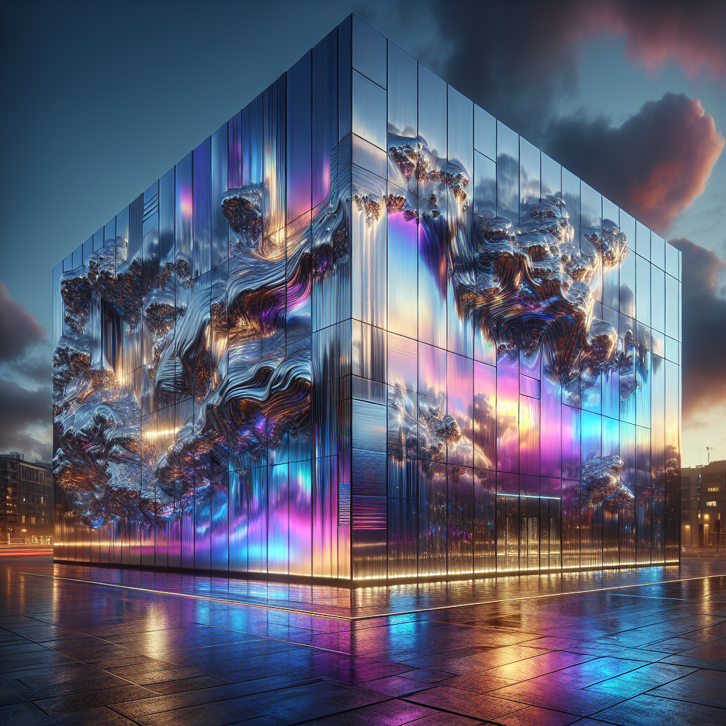 Hyperrealistic futuristic titanium-clad building facade at sunset with iridescent silver, violet, and blue reflections, ultra-real lighting.