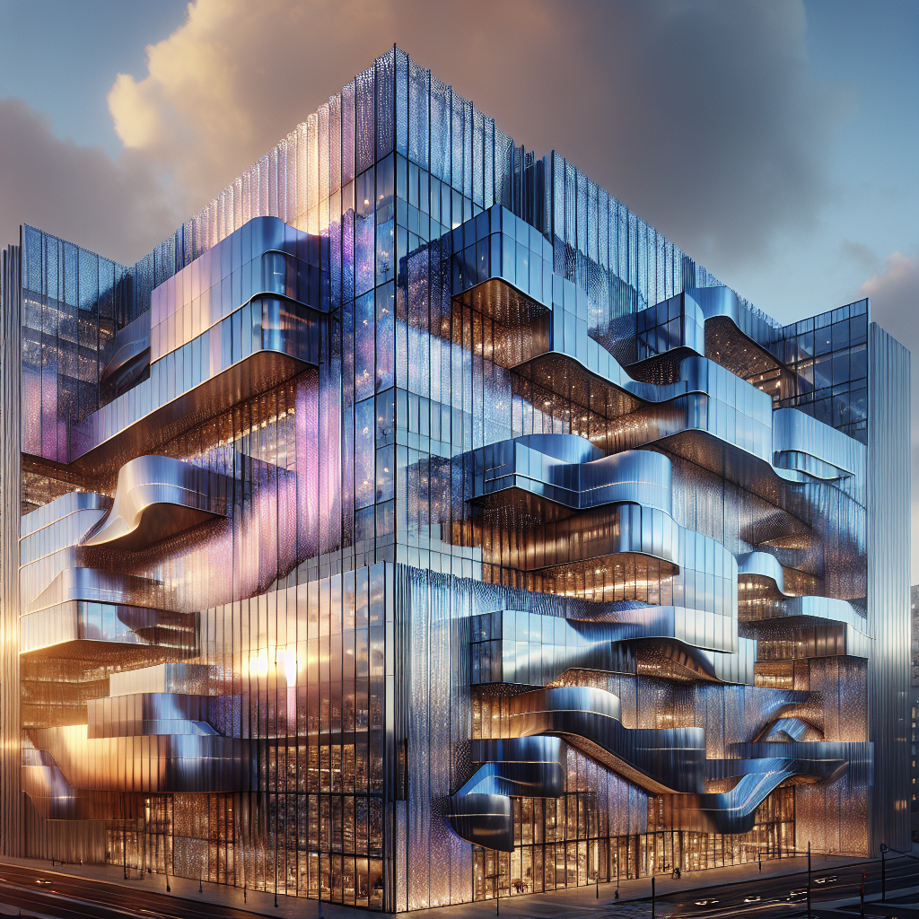Hyperrealistic futuristic titanium-clad building facade at sunset with iridescent silver, violet, and blue reflections, ultra-real lighting.