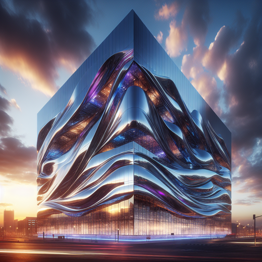 Hyperrealistic futuristic titanium-clad building facade at sunset with iridescent silver, violet, and blue reflections, ultra-real lighting.