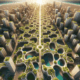 Aerial view of a futuristic fractal city with organic root-like streets, green roofs, timber-glass buildings, and sunlit eco architecture.