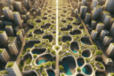 Aerial view of a futuristic fractal city with organic root-like streets, green roofs, timber-glass buildings, and sunlit eco architecture.