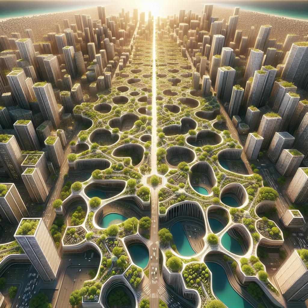 Aerial view of a futuristic fractal city with organic root-like streets, green roofs, timber-glass buildings, and sunlit eco architecture.