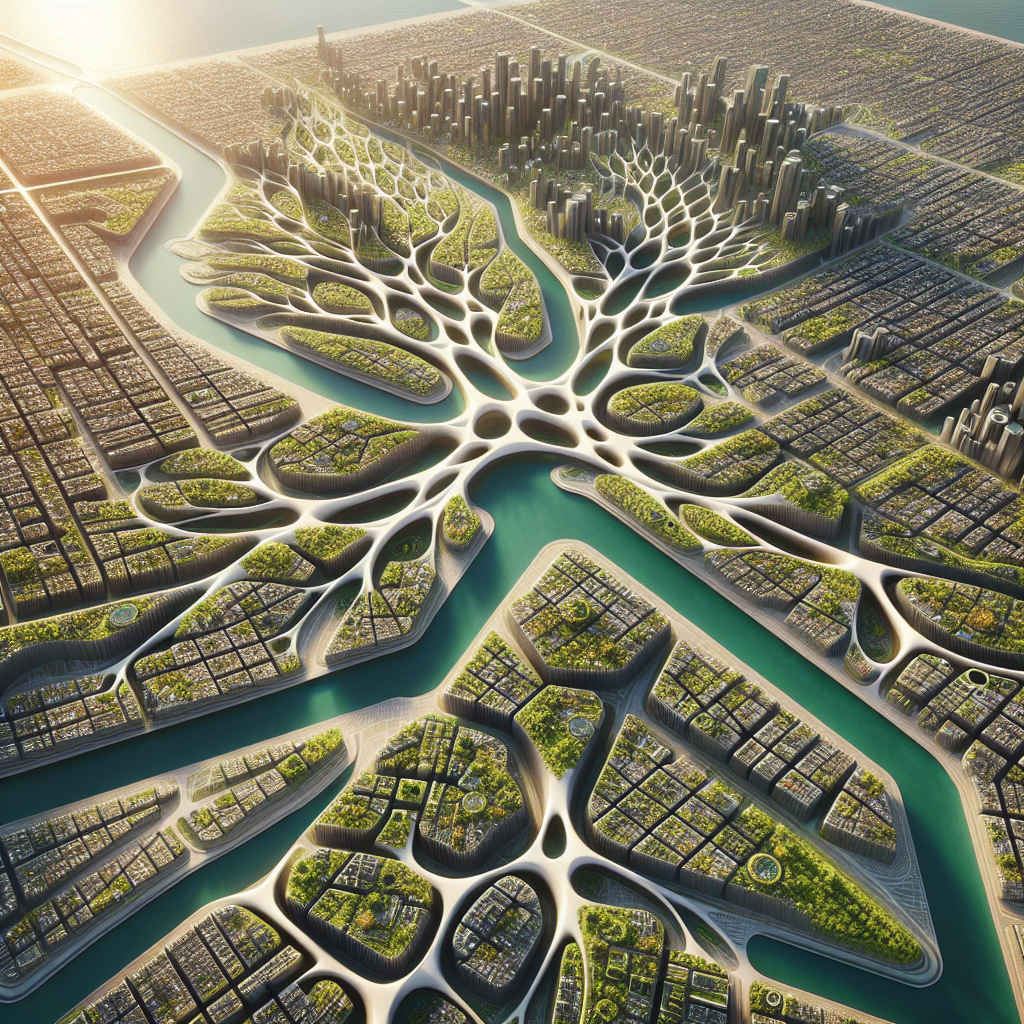 Aerial view of a futuristic fractal city with organic root-like streets, green roofs, timber-glass buildings, and sunlit eco architecture.