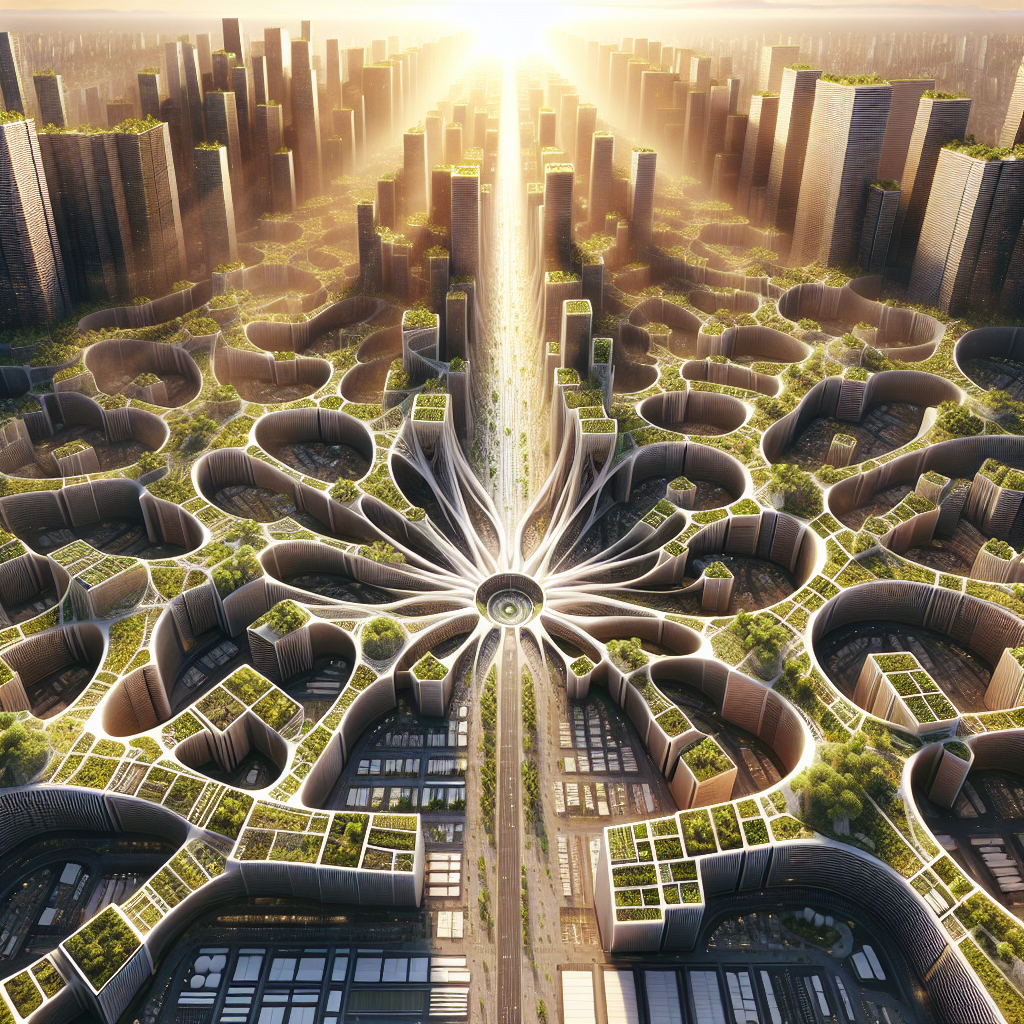 Aerial view of a futuristic fractal city with organic root-like streets, green roofs, timber-glass buildings, and sunlit eco architecture.