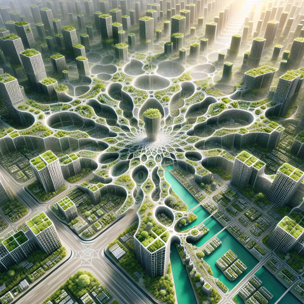 Aerial view of a futuristic fractal city with organic root-like streets, green roofs, timber-glass buildings, and sunlit eco architecture.