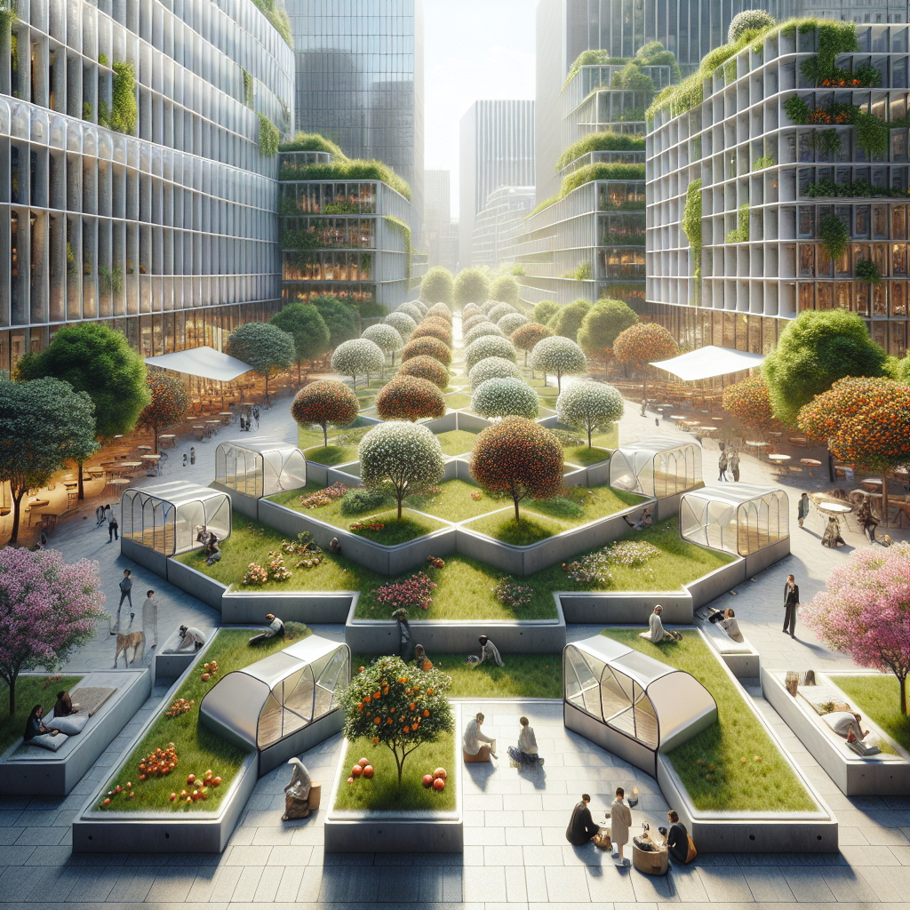 Hyperrealistic urban orchard art installation in modern city plaza with fruit trees, mirrored pavilions, and people enjoying green public space.