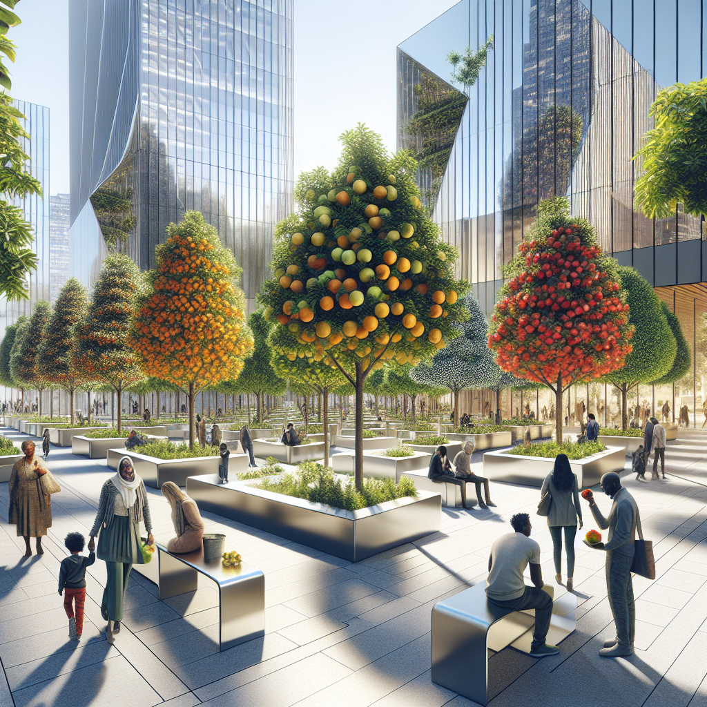 Hyperrealistic urban orchard art installation in modern city plaza with fruit trees, mirrored pavilions, and people enjoying green public space.