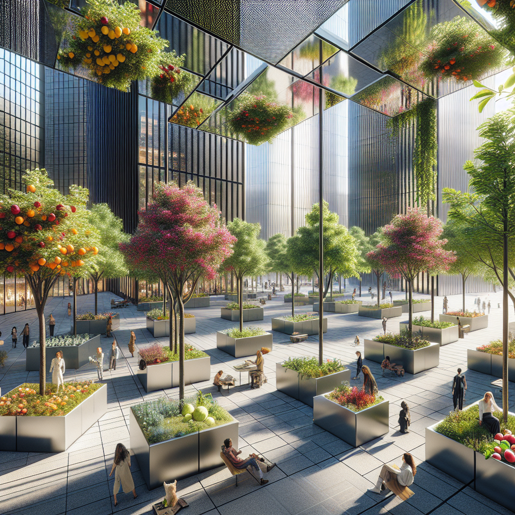 Hyperrealistic urban orchard art installation in modern city plaza with fruit trees, mirrored pavilions, and people enjoying green public space.