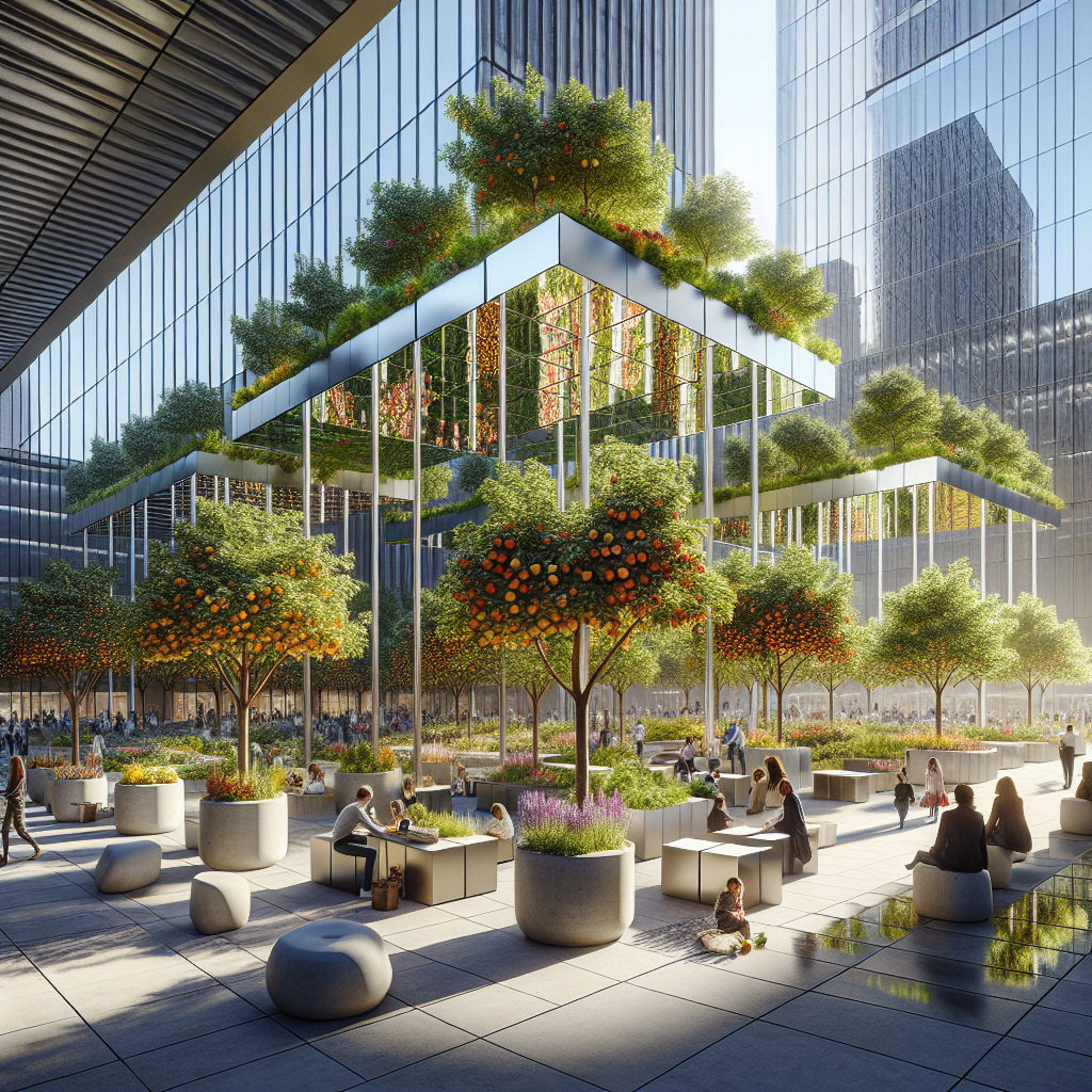 Hyperrealistic urban orchard art installation in modern city plaza with fruit trees, mirrored pavilions, and people enjoying green public space.