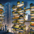 Hyperrealistic futuristic city skyline with vertical fruit farms, eco-friendly apartment towers, rooftop orchards, and sustainable urban design.