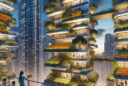 Hyperrealistic futuristic city skyline with vertical fruit farms, eco-friendly apartment towers, rooftop orchards, and sustainable urban design.