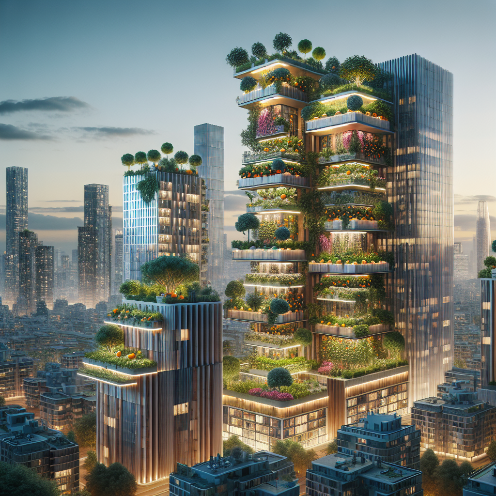 Hyperrealistic futuristic city skyline with vertical fruit farms, eco-friendly apartment towers, rooftop orchards, and sustainable urban design.
