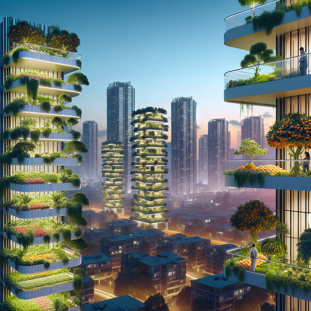 Hyperrealistic futuristic city skyline with vertical fruit farms, eco-friendly apartment towers, rooftop orchards, and sustainable urban design.