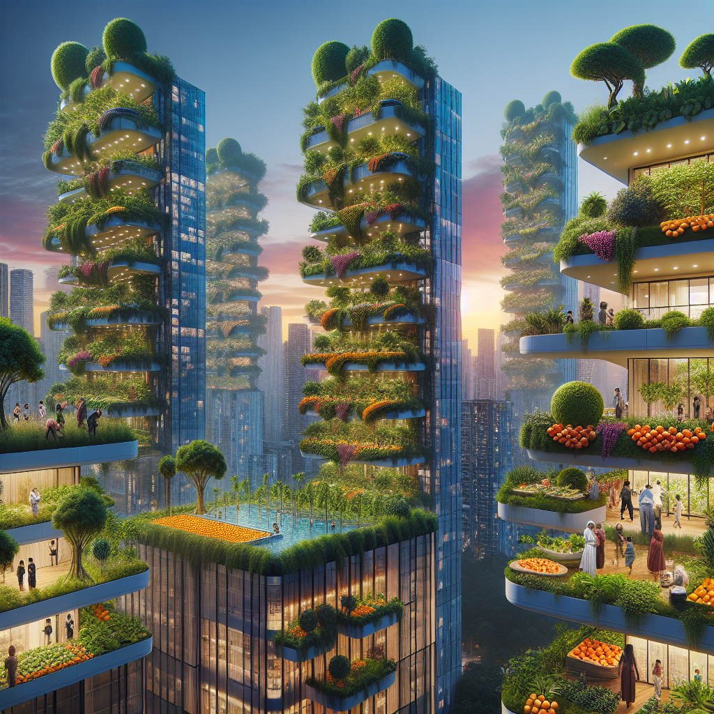 Hyperrealistic futuristic city skyline with vertical fruit farms, eco-friendly apartment towers, rooftop orchards, and sustainable urban design.
