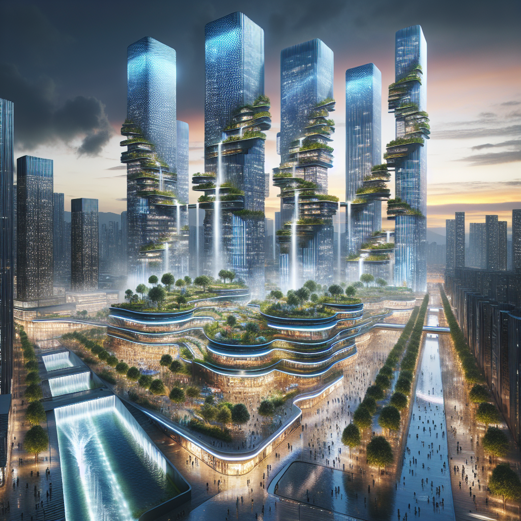 Futuristic eco-cityscape at dusk with skyscraper waterfalls, neon reflections, and sustainable architecture blending nature and technology.