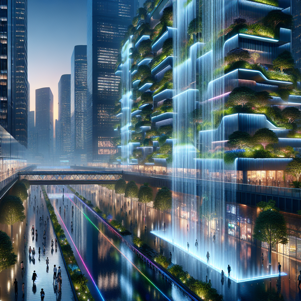 Futuristic eco-cityscape at dusk with skyscraper waterfalls, neon reflections, and sustainable architecture blending nature and technology.