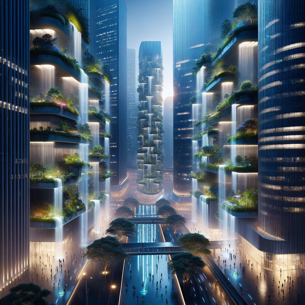 Futuristic eco-cityscape at dusk with skyscraper waterfalls, neon reflections, and sustainable architecture blending nature and technology.