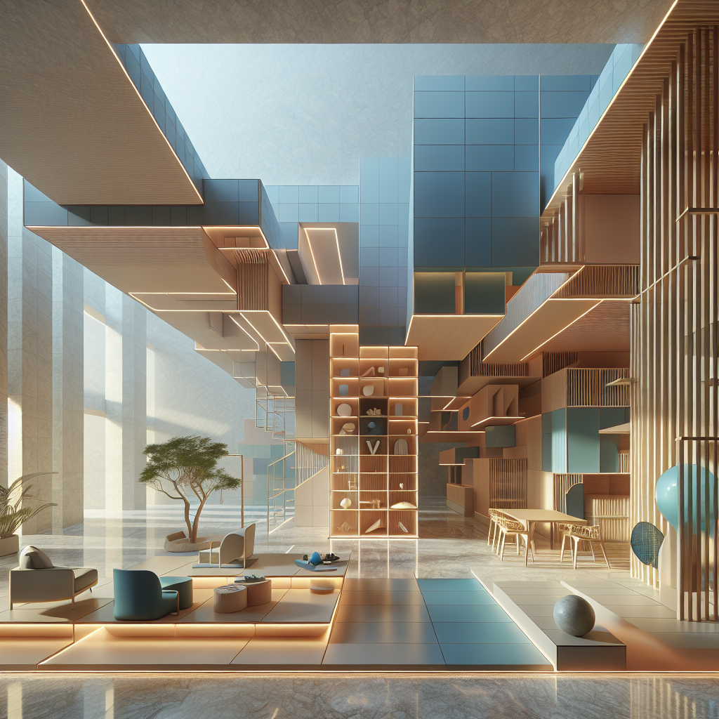 Hyperrealistic Bauhaus-inspired interior blending 1920s geometry with 2025 sustainable design, recycled materials, and biophilic accents.