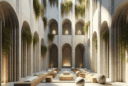 Hyperrealistic minimalist urban courtyard with concrete and oak walls, soft daylight, greenery, and serene modern monastic design.