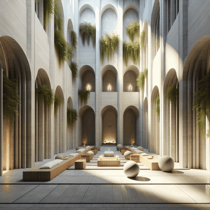 Hyperrealistic minimalist urban courtyard with concrete and oak walls, soft daylight, greenery, and serene modern monastic design.