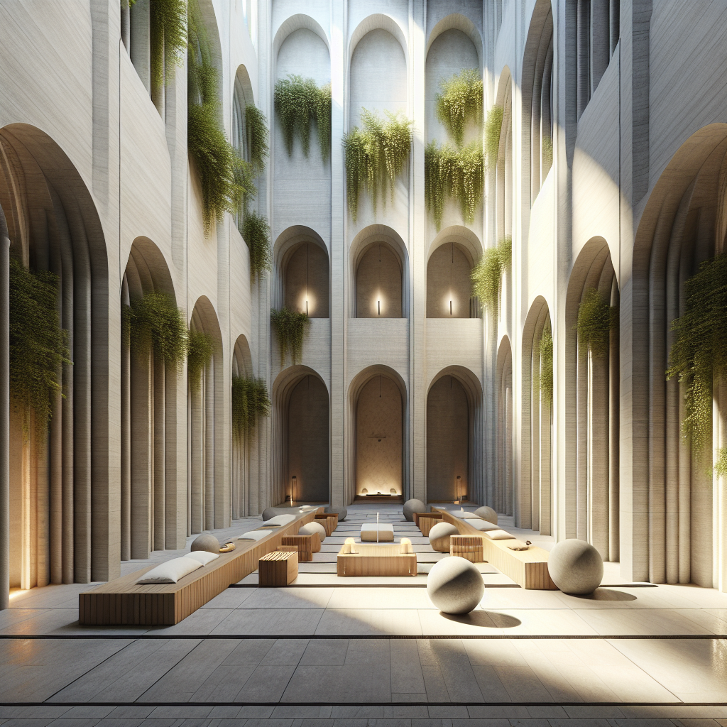 Hyperrealistic minimalist urban courtyard with concrete and oak walls, soft daylight, greenery, and serene modern monastic design.