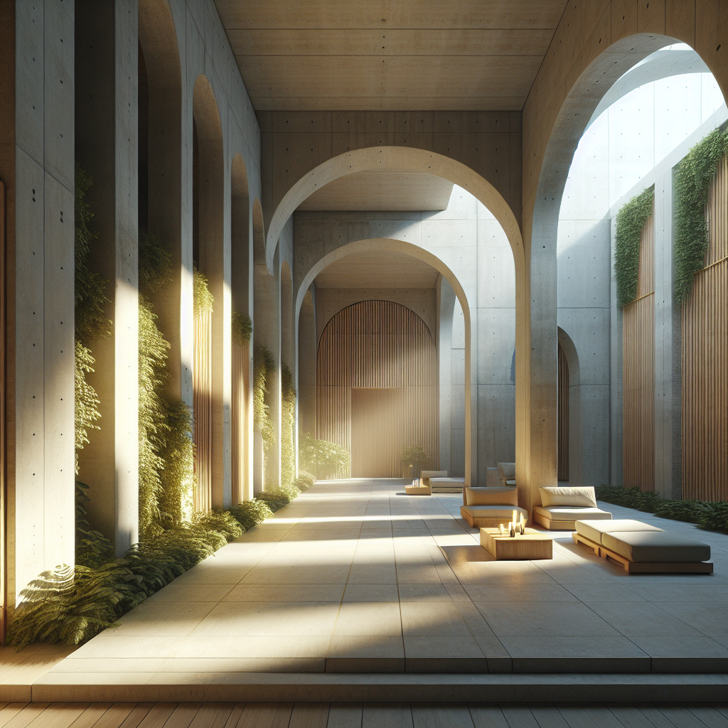 Hyperrealistic minimalist urban courtyard with concrete and oak walls, soft daylight, greenery, and serene modern monastic design.