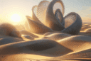 Hyperrealistic desert sunrise with futuristic cactus-inspired architecture and desert rose geometry showcasing sustainable parametric design.