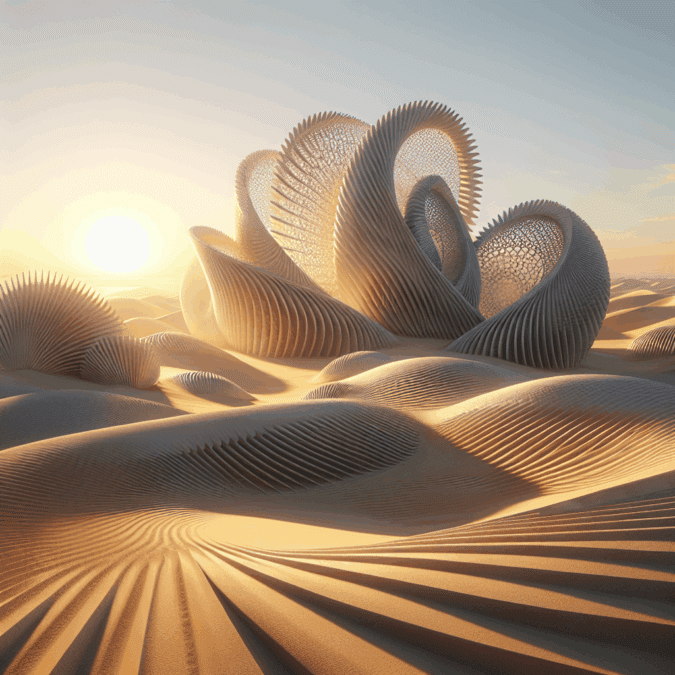 Hyperrealistic desert sunrise with futuristic cactus-inspired architecture and desert rose geometry showcasing sustainable parametric design.