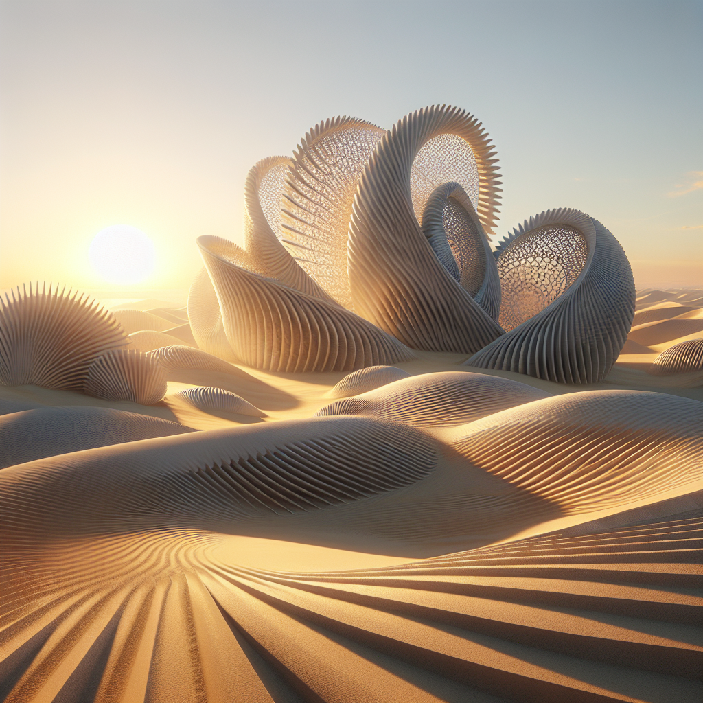 Hyperrealistic desert sunrise with futuristic cactus-inspired architecture and desert rose geometry showcasing sustainable parametric design.