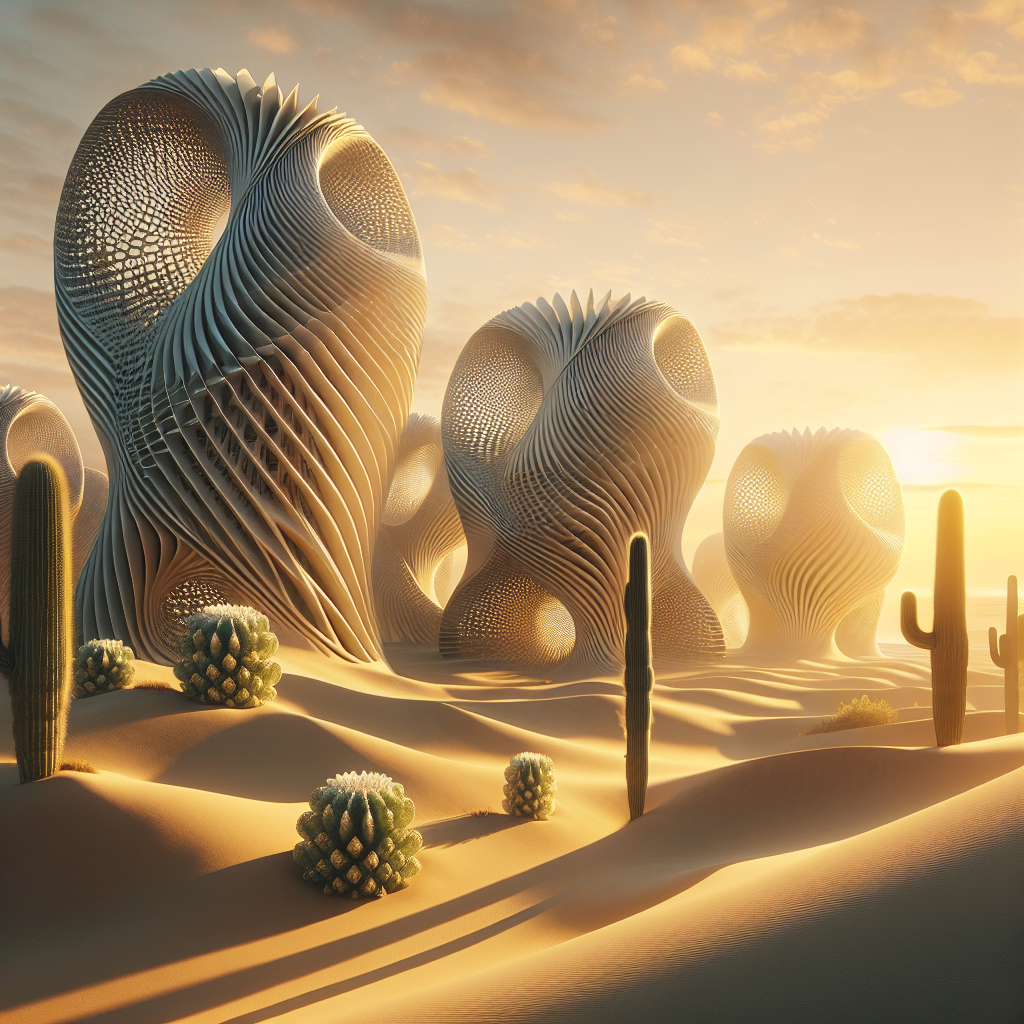Hyperrealistic desert sunrise with futuristic cactus-inspired architecture and desert rose geometry showcasing sustainable parametric design.