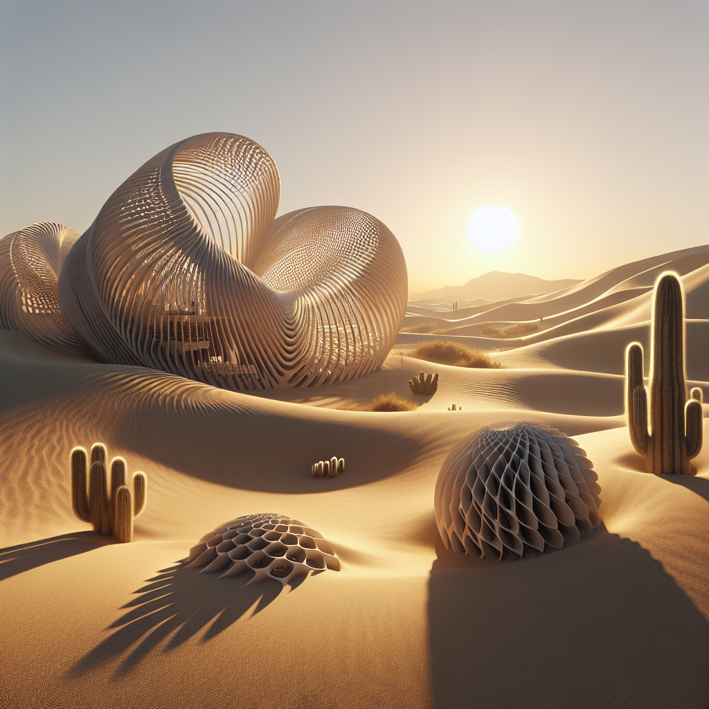 Hyperrealistic desert sunrise with futuristic cactus-inspired architecture and desert rose geometry showcasing sustainable parametric design.