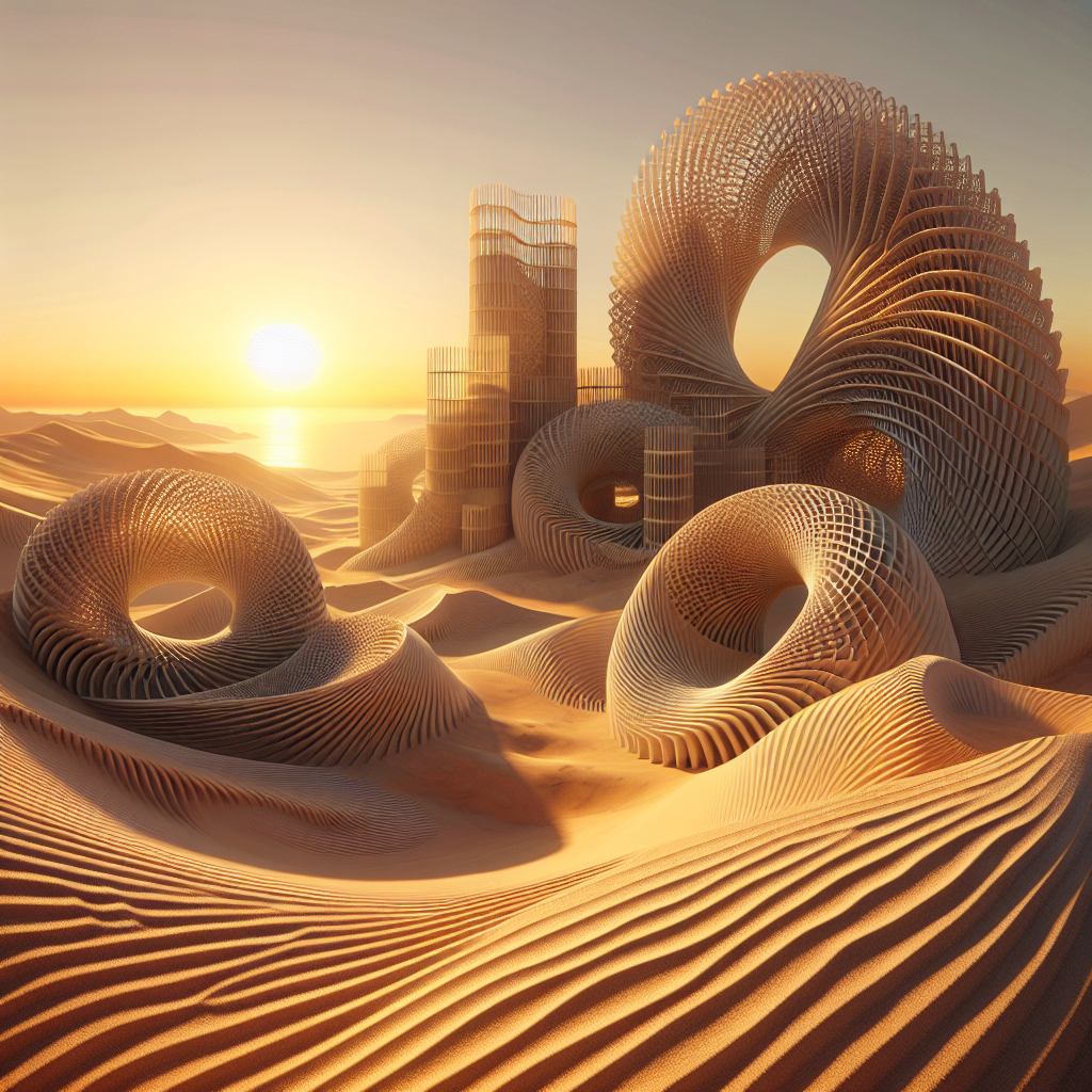 Hyperrealistic desert sunrise with futuristic cactus-inspired architecture and desert rose geometry showcasing sustainable parametric design.