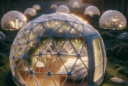 Futuristic geodesic living pods in a forest at sunset, glowing LED panels, solar extensions, and biophilic 3D-printed dome interiors.