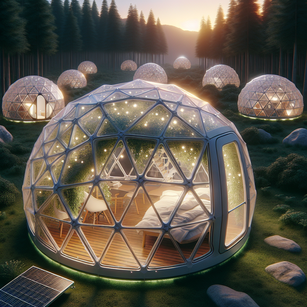 Futuristic geodesic living pods in a forest at sunset, glowing LED panels, solar extensions, and biophilic 3D-printed dome interiors.