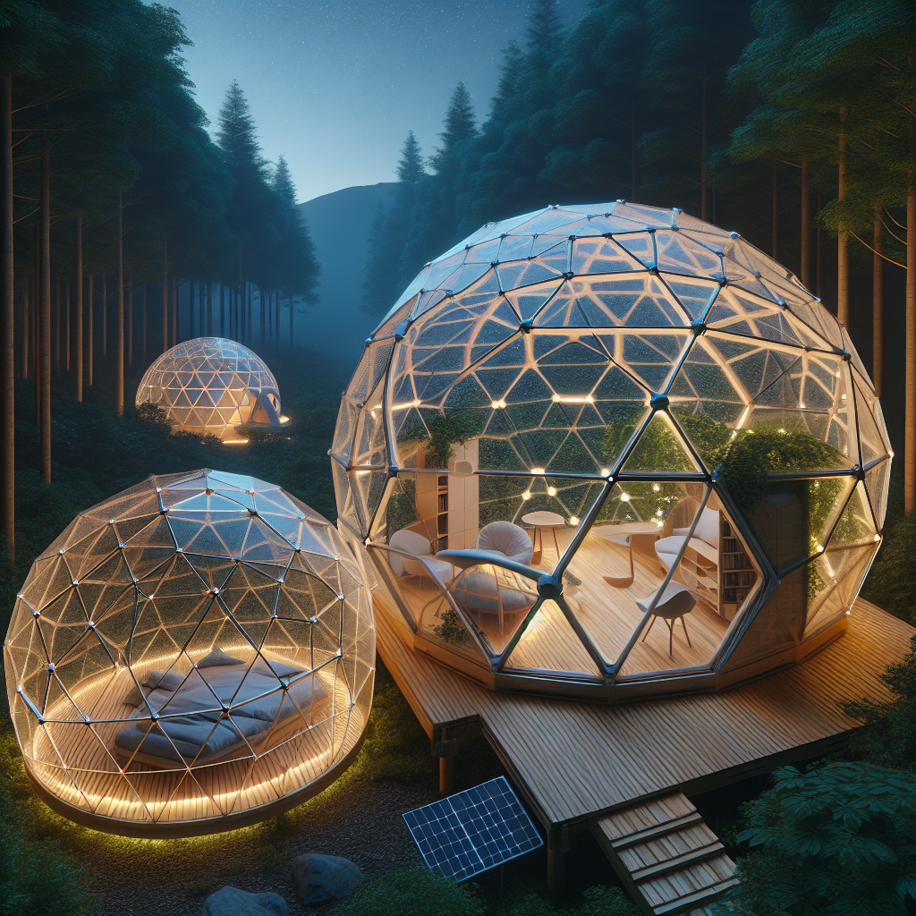 Futuristic geodesic living pods in a forest at sunset, glowing LED panels, solar extensions, and biophilic 3D-printed dome interiors.