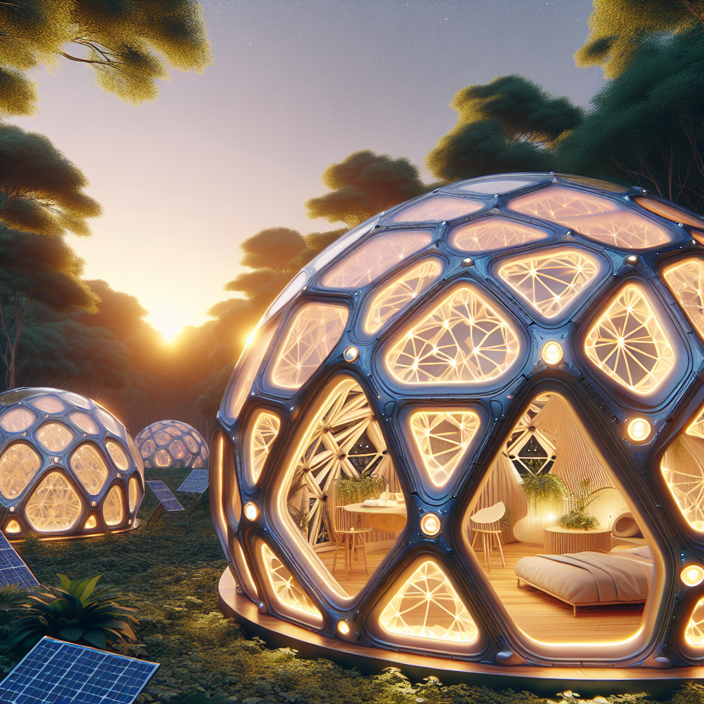 Futuristic geodesic living pods in a forest at sunset, glowing LED panels, solar extensions, and biophilic 3D-printed dome interiors.