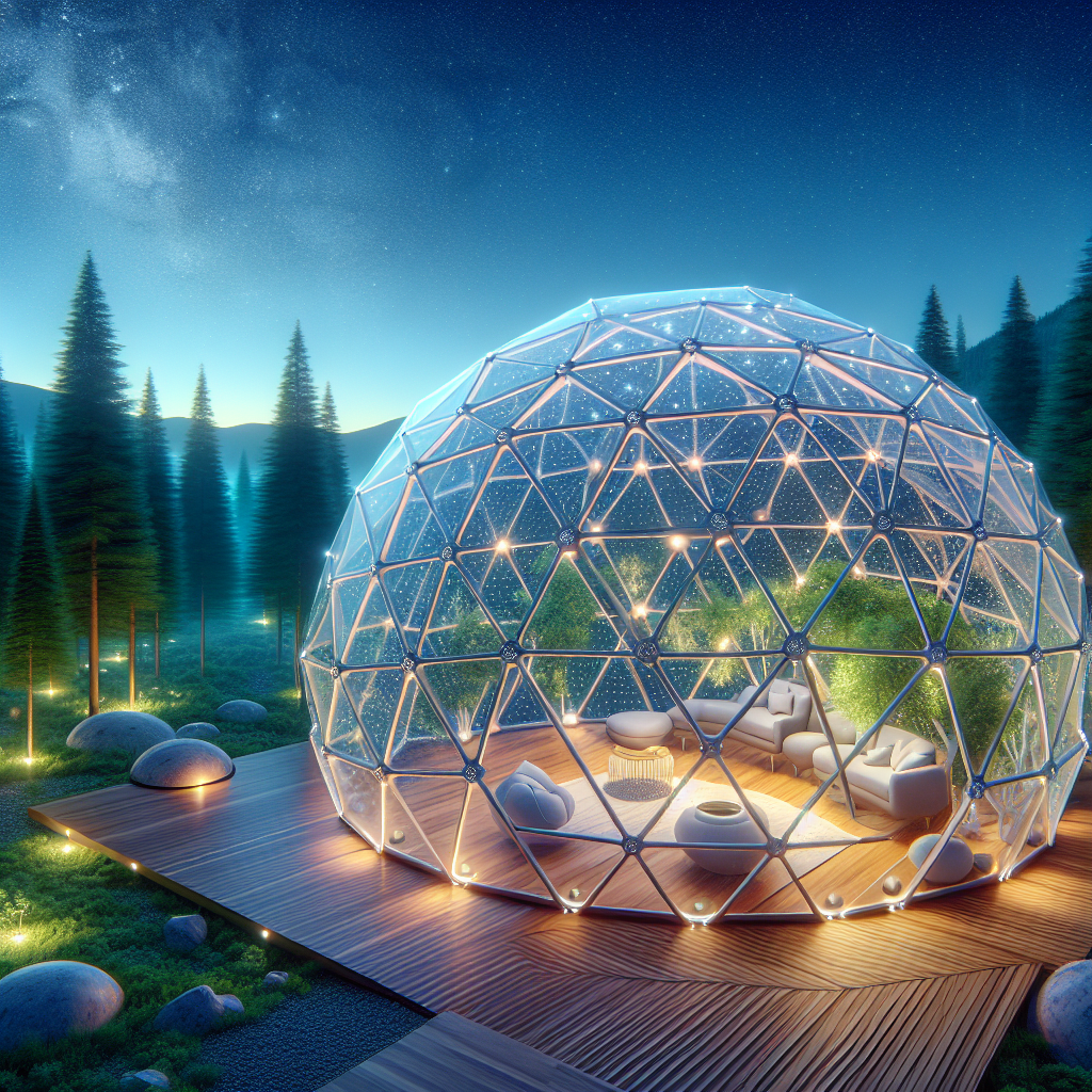 Futuristic geodesic living pods in a forest at sunset, glowing LED panels, solar extensions, and biophilic 3D-printed dome interiors.