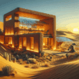 Hyperrealistic futuristic adobe desert building with ochre walls, basalt fiber texture, solar panels, dunes, and robotic clay 3D printer.