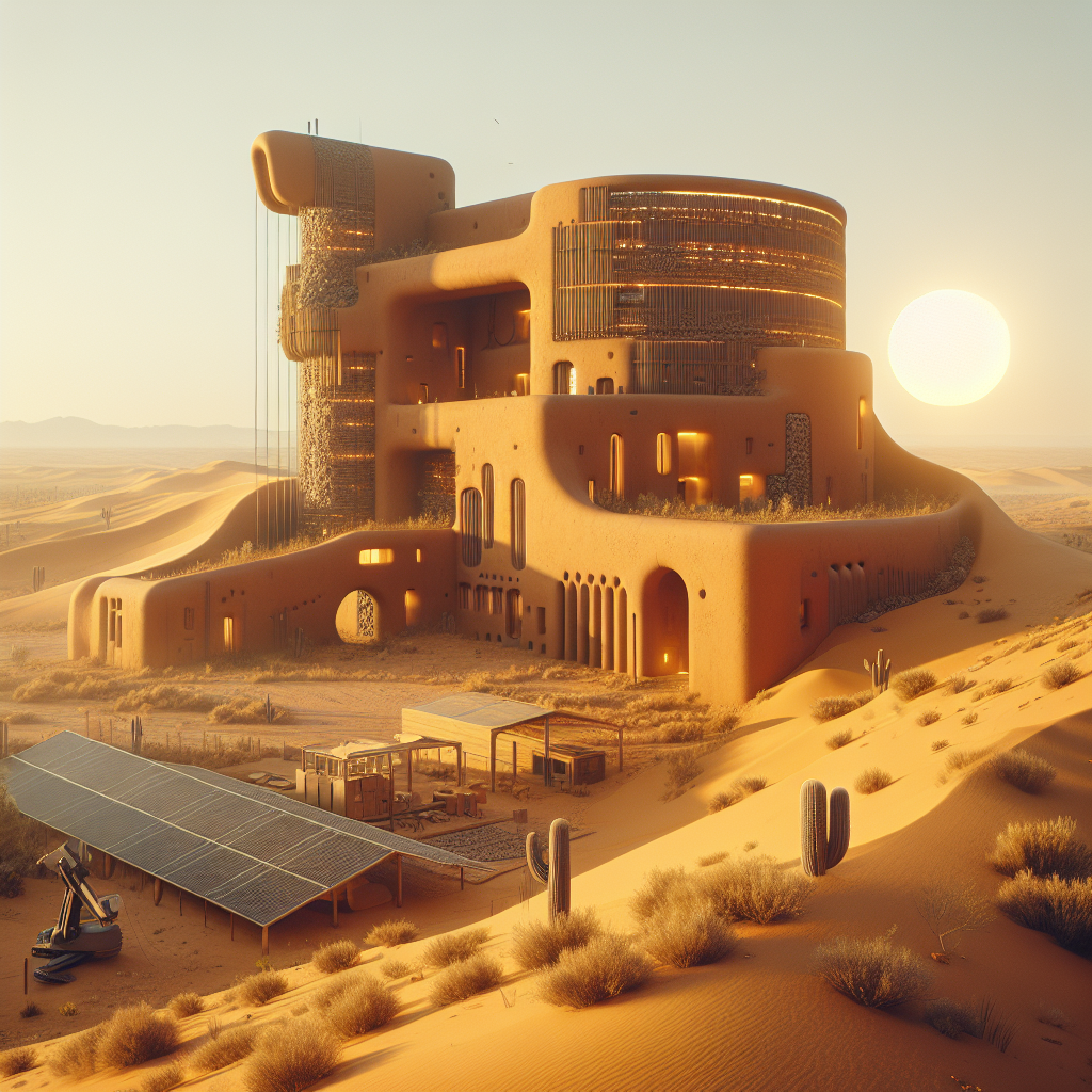 Hyperrealistic futuristic adobe desert building with ochre walls, basalt fiber texture, solar panels, dunes, and robotic clay 3D printer.