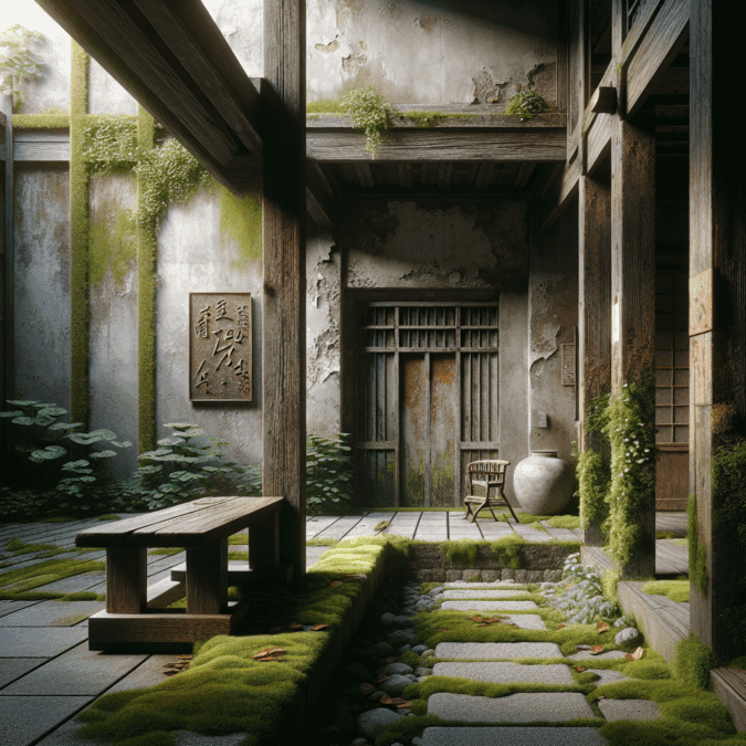 Hyperrealistic wabi-sabi urban nook with aged wood, rusted steel, moss path, and soft morning light evoking calm impermanence.
