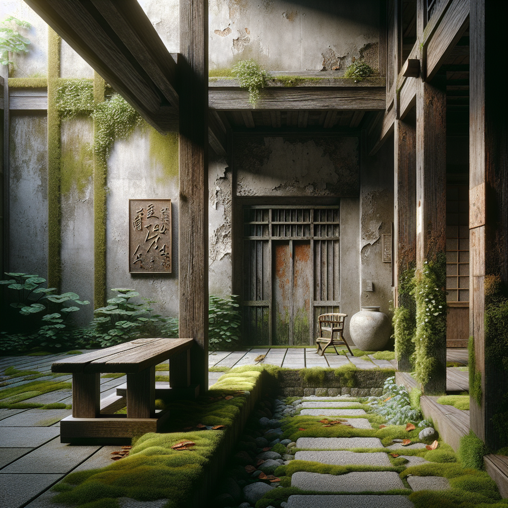 Hyperrealistic wabi-sabi urban nook with aged wood, rusted steel, moss path, and soft morning light evoking calm impermanence.