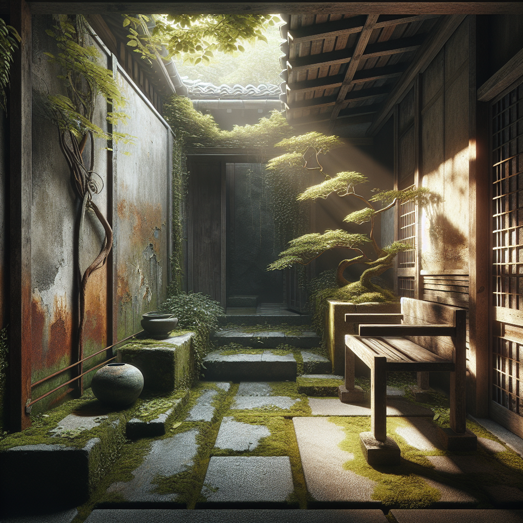 Hyperrealistic wabi-sabi urban nook with aged wood, rusted steel, moss path, and soft morning light evoking calm impermanence.