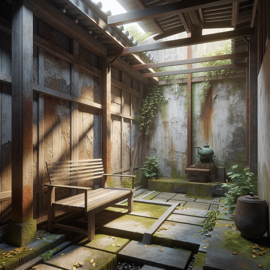 Hyperrealistic wabi-sabi urban nook with aged wood, rusted steel, moss path, and soft morning light evoking calm impermanence.