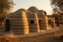 Hyperrealistic 3D printed clay house in Mediterranean countryside at golden hour, showcasing sustainable earthen architecture and natural harmony.