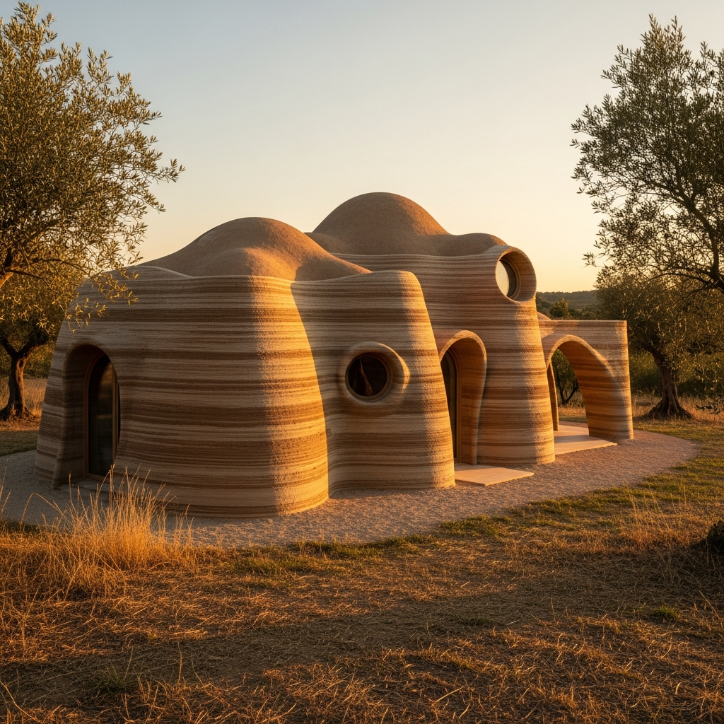 Hyperrealistic 3D printed clay house in Mediterranean countryside at golden hour, showcasing sustainable earthen architecture and natural harmony.