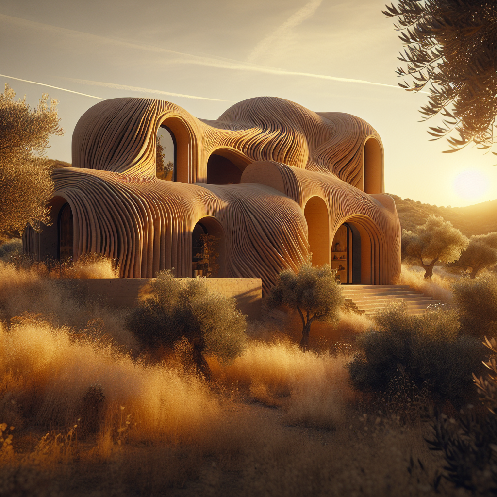 Hyperrealistic 3D printed clay house in Mediterranean countryside at golden hour, showcasing sustainable earthen architecture and natural harmony.