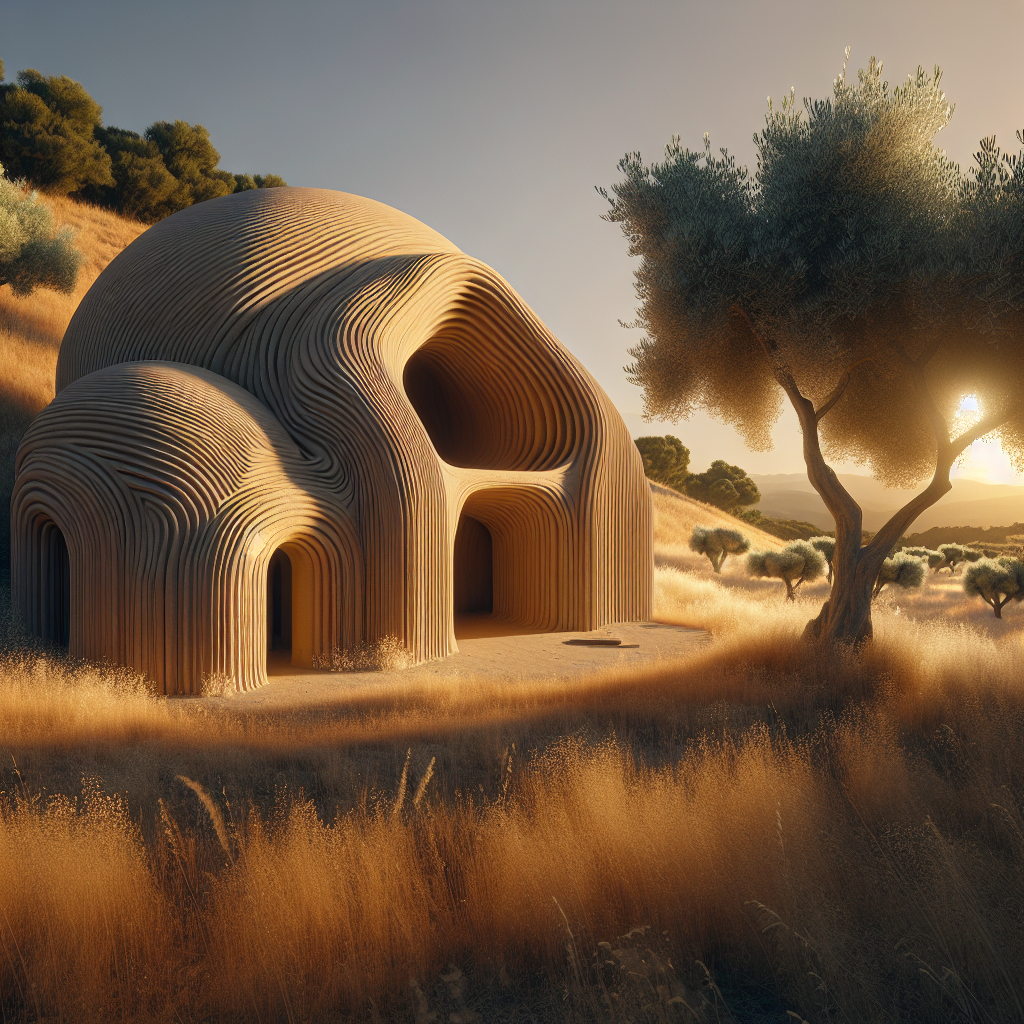 Hyperrealistic 3D printed clay house in Mediterranean countryside at golden hour, showcasing sustainable earthen architecture and natural harmony.